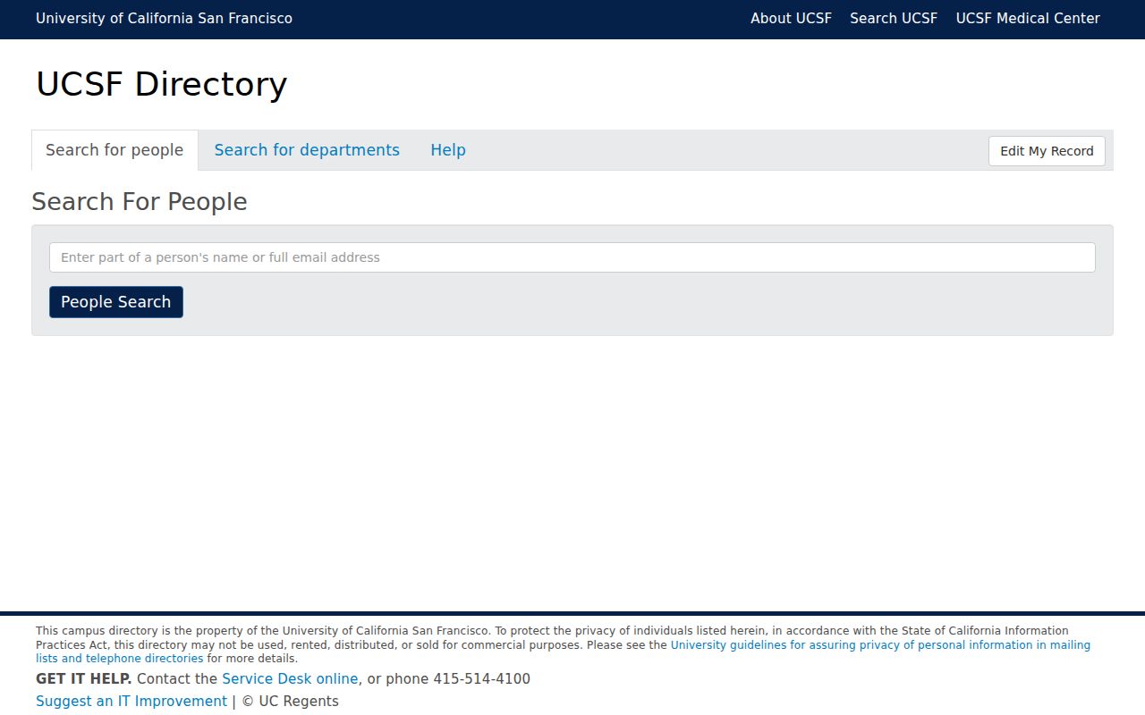 San Francisco people directories screenshot of the UCSF directory search