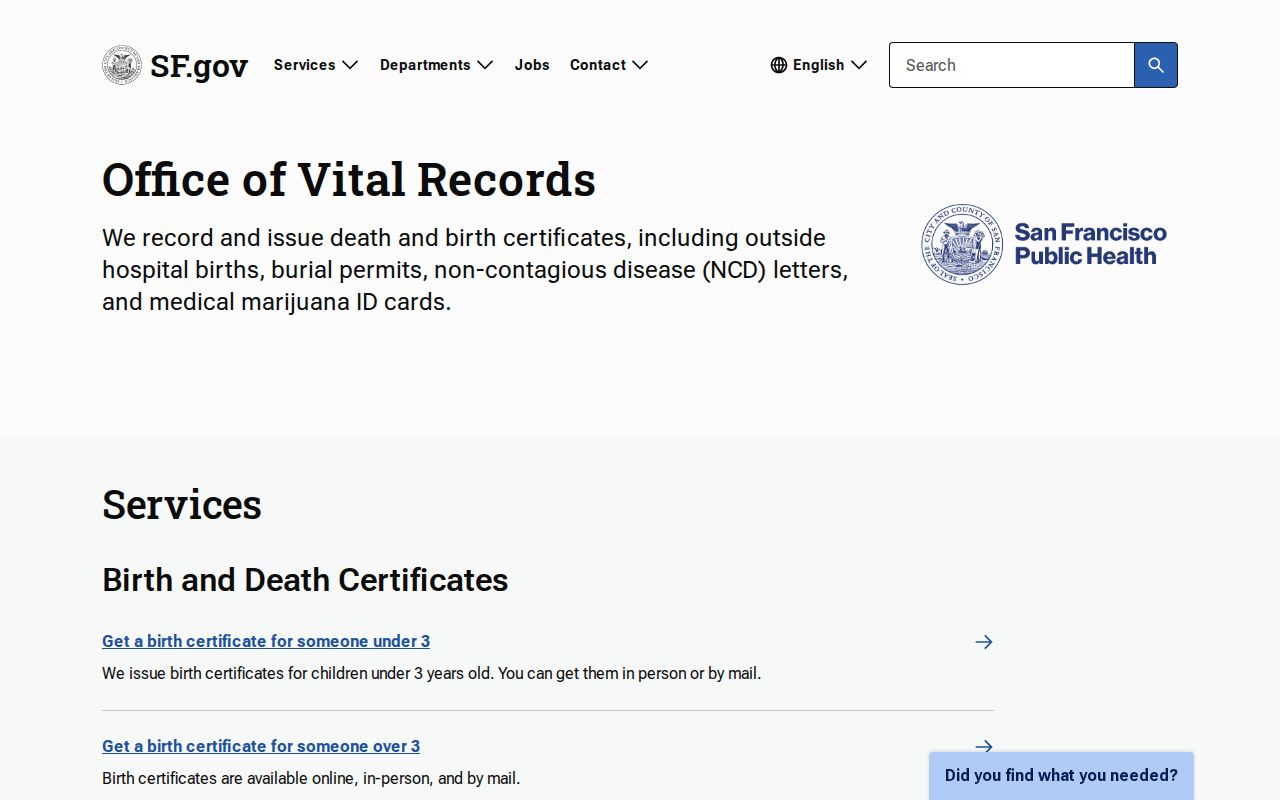 San Francisco public records Office of Vital Records page