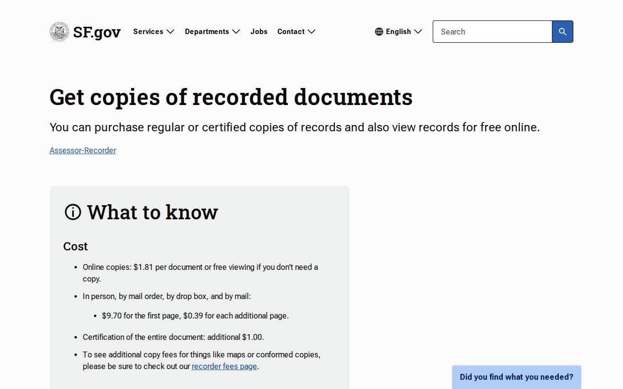 San Francisco public records copy instructions for recorded documents