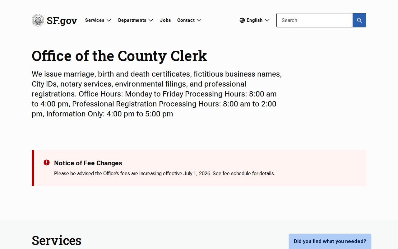 San Francisco public records County Clerk services page